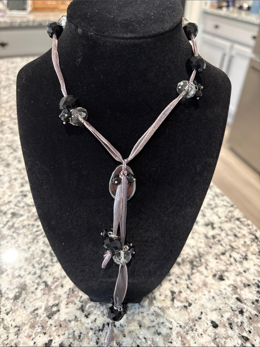 Black and Gray Beaded Ribbon Lariat Necklace